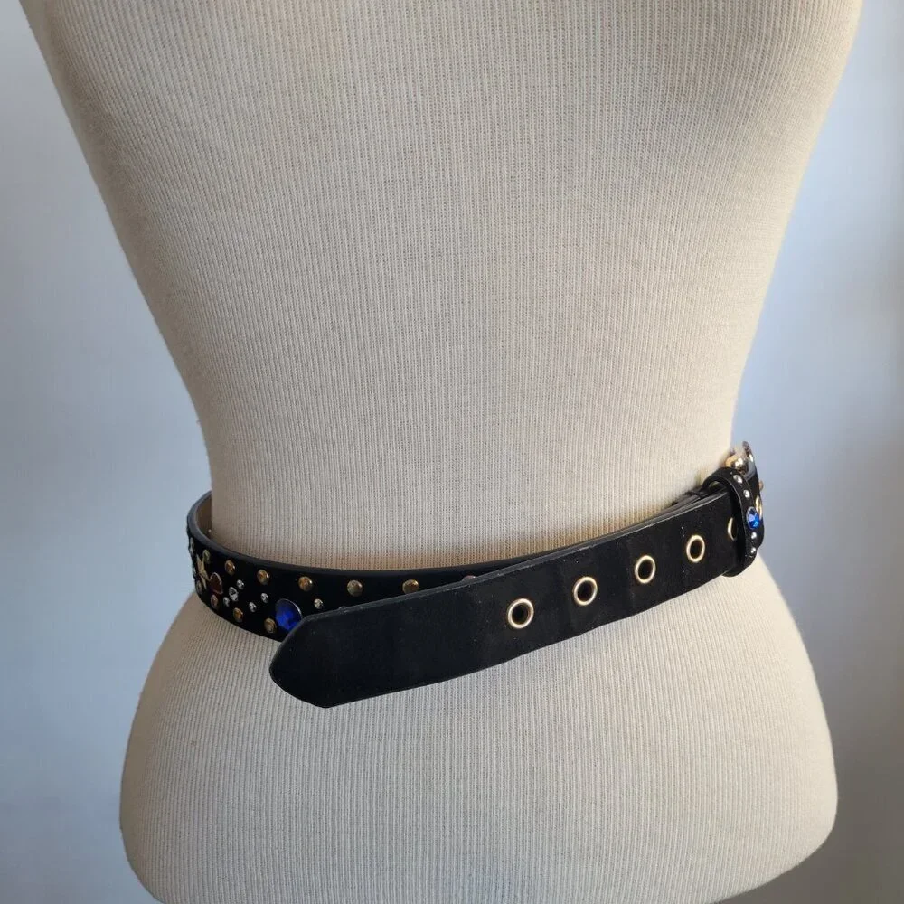 Rhinestone Star-Studded Black Velvet Metal Disco Glam Rocker Belt (Size: S/M)